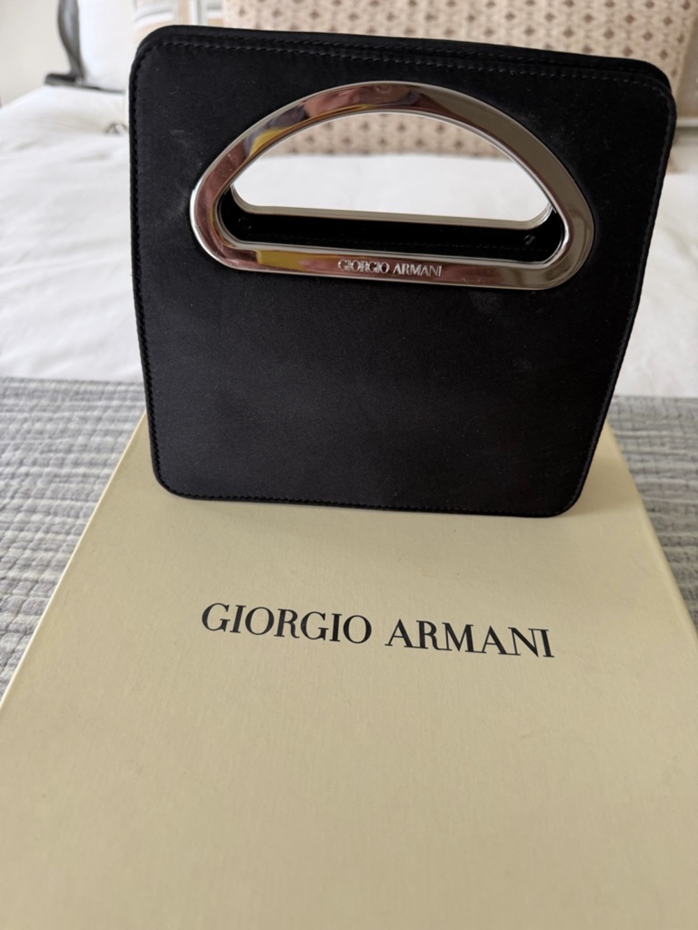 Giorgio Armani Black Satin Clutch with Silver Handle